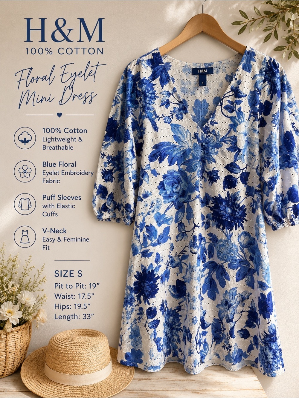 H&M Blue White Floral Eyelet Cotton Mini Dress Small Puff Sleeve Cottagecore